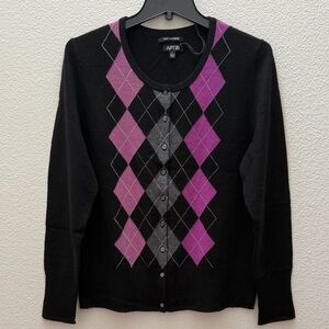 NWOT Apt. 9 Women’s 100% Cashmere Argyle Black Purple Gray Cardigan Sweater-Sz L